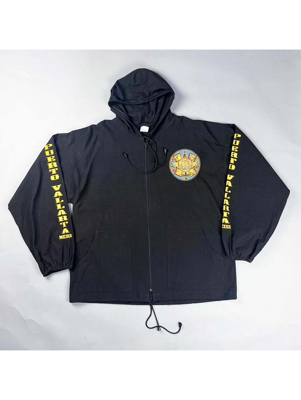 Vintage Lightweight Jacket, Black Zip-Up with Puerto Vallarta Print